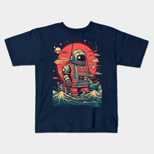 Robot crashing through the waves Kids T-Shirt by obstinator